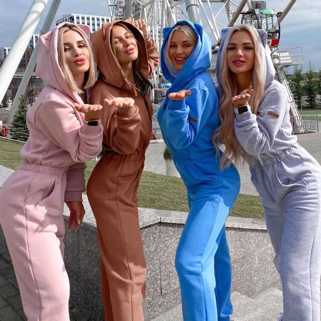 Trendy & Unique Athletic Style Kitty Hooded Zip Up Long Sleeve Jumpsuit - Khaki 6 Trendy & Unique Athletic Style Kitty Hooded Zip Up Long Sleeve Jumpsuit - Khaki