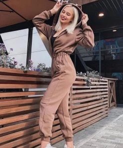 Trendy & Unique Athletic Style Kitty Hooded Zip Up Long Sleeve Jumpsuit - Khaki