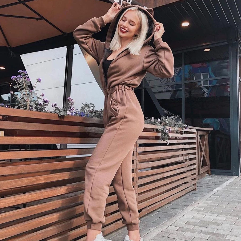 Trendy & Unique Athletic Style Kitty Hooded Zip Up Long Sleeve Jumpsuit - Khaki 3 Trendy & Unique Athletic Style Kitty Hooded Zip Up Long Sleeve Jumpsuit - Khaki
