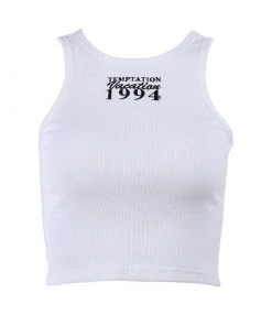 Trendy & Unique What's New Athletic Style Letter Embroidered Rib Crop Tank Top - White