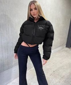 Trendy & Unique Athletic Style Letter Trim High Neck Cropped Quilted Jacket - Black