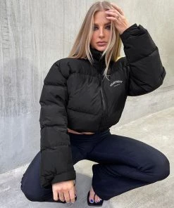 Trendy & Unique Athletic Style Letter Trim High Neck Cropped Quilted Jacket - Black