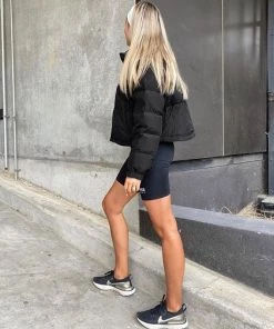 Trendy & Unique Athletic Style Letter Trim High Neck Cropped Quilted Jacket - Black