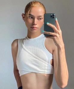 Trendy & Unique Athletic Style Round Neck Rib Knit Layered Crop Tank Top - White What's New