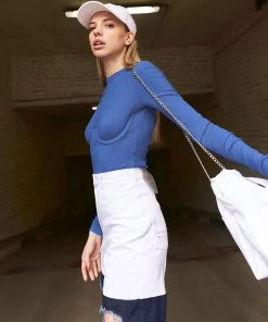 Trendy & Unique Athletic Underwire Long Sleeve Rib Knit Thong Bodysuit - Klein Blue