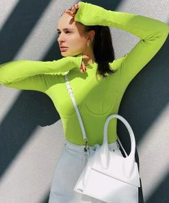 Trendy & Unique Athletic Underwire Long Sleeve Rib Knit Thong Bodysuit - Neon Green What's New