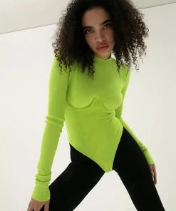 Trendy & Unique Athletic Underwire Long Sleeve Rib Knit Thong Bodysuit - Neon Green What's New