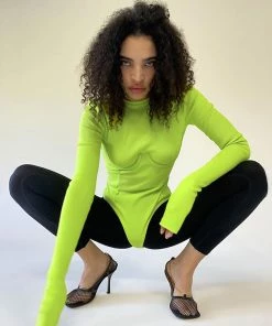 Trendy & Unique Athletic Underwire Long Sleeve Rib Knit Thong Bodysuit - Neon Green What's New