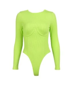 Trendy & Unique Athletic Underwire Long Sleeve Rib Knit Thong Bodysuit - Neon Green What's New