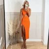 Trendy & Unique Attractive V Neck Cut Out High Slit Rib Knit Midi Dress - Burnt Orange 2 Trendy & Unique Attractive V Neck Cut Out High Slit Rib Knit Midi Dress - Burnt Orange