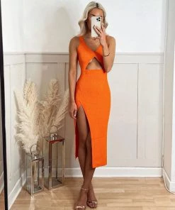 Trendy & Unique Attractive V Neck Cut Out High Slit Rib Knit Midi Dress - Burnt Orange