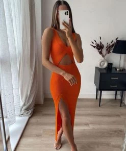 Trendy & Unique Attractive V Neck Cut Out High Slit Rib Knit Midi Dress - Burnt Orange