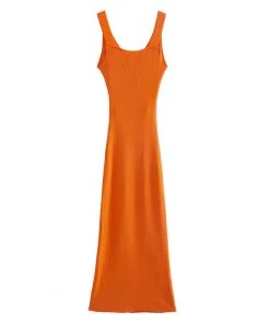 Trendy & Unique Attractive V Neck Cut Out High Slit Rib Knit Midi Dress - Burnt Orange
