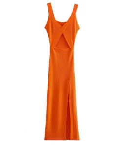 Trendy & Unique Attractive V Neck Cut Out High Slit Rib Knit Midi Dress - Burnt Orange