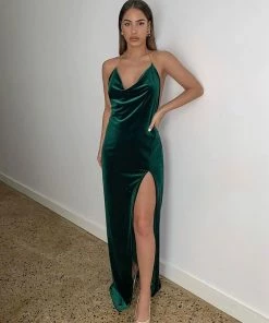 Trendy & Unique Backless Cowl Neck High Slit Velvet Slip Maxi Dress - Emerald Green