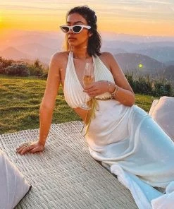 Trendy & Unique What's New Beach Vacation Backless Cut Out Frilled Halter Midi Dress - Beige