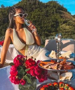 Trendy & Unique What's New Beach Vacation Backless Cut Out Frilled Halter Midi Dress - Beige