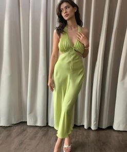 Trendy & Unique What's New Beach Vacation Backless Cut Out Frilled Halter Midi Dress - Green