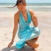 Trendy & Unique What's New Beach Vacation Backless Cut Out Frilled Halter Midi Dress - Sky Blue