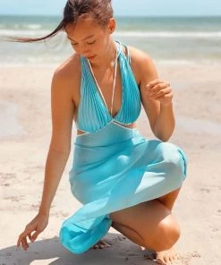 Trendy & Unique What's New Beach Vacation Backless Cut Out Frilled Halter Midi Dress - Sky Blue