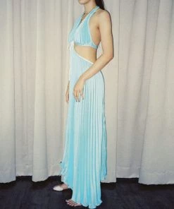 Trendy & Unique What's New Beach Vacation Backless Cut Out Frilled Halter Midi Dress - Sky Blue