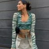 Trendy & Unique Bicolor Collared Long Sleeve Tie Front Crop Mesh T-Shirt - Green