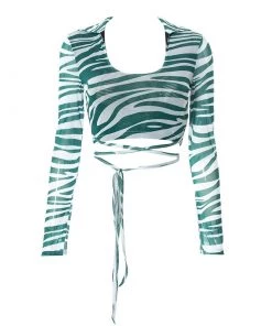 Trendy & Unique Bicolor Collared Long Sleeve Tie Front Crop Mesh T-Shirt - Green