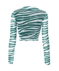 Trendy & Unique Bicolor Collared Long Sleeve Tie Front Crop Mesh T-Shirt - Green