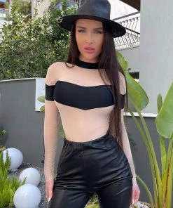 Trendy & Unique Bicolor High Cut High Neck Long Sleeve Mesh Thong Bodysuit - Khaki