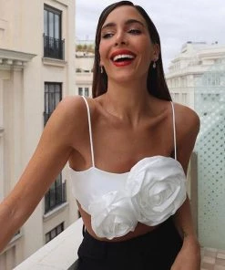 Trendy & Unique Bloom Flower Applique Spaghetti Strap Satin Crop Tank Top - White What's New