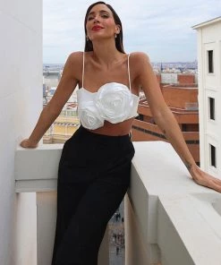 Trendy & Unique Bloom Flower Applique Spaghetti Strap Satin Crop Tank Top - White What's New