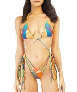 Trendy & Unique Boho Color Block Strappy Slide Triangle Bikini Set - Multicolor