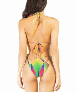 Trendy & Unique Boho Color Block Strappy Slide Triangle Bikini Set - Multicolor
