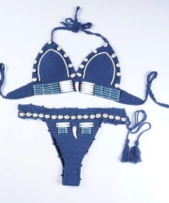 Trendy & Unique What's New Boho Style Shell Embellished Crochet Halter Triangle Bikini Set - Blue