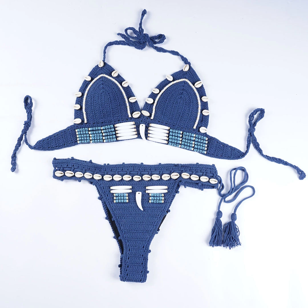Trendy & Unique What's New Boho Style Shell Embellished Crochet Halter Triangle Bikini Set - Blue 4 Trendy & Unique What's New Boho Style Shell Embellished Crochet Halter Triangle Bikini Set - Blue
