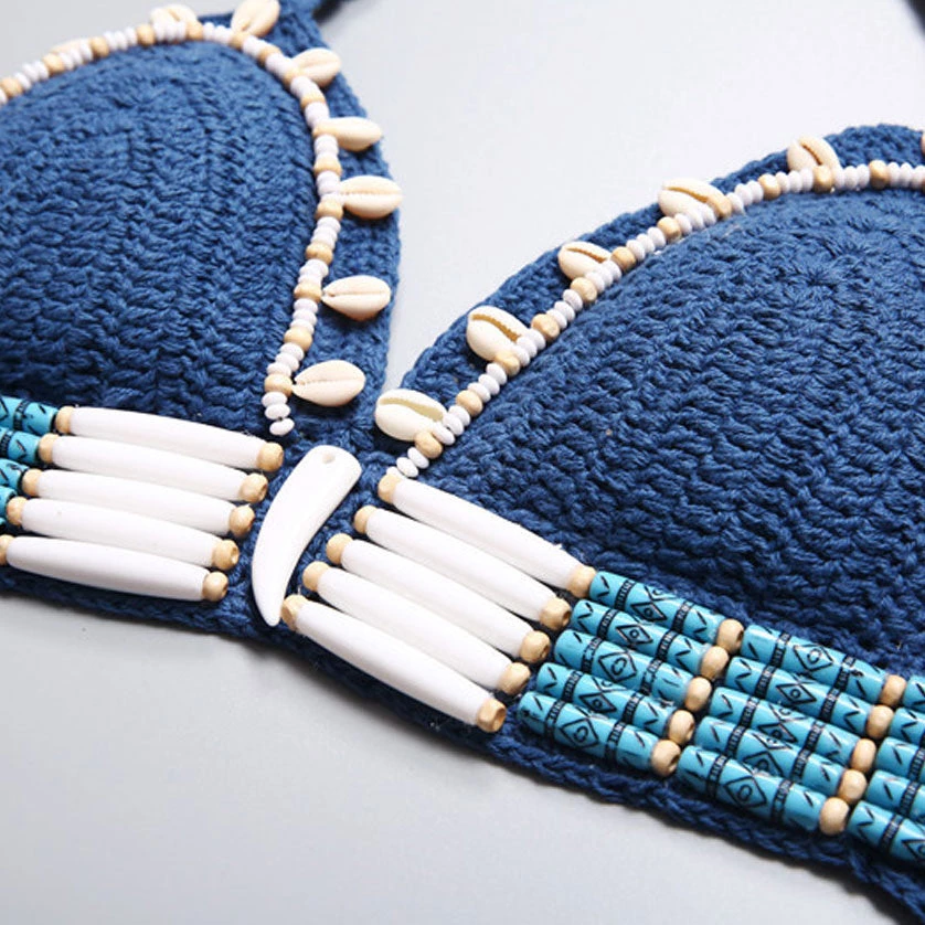 Trendy & Unique What's New Boho Style Shell Embellished Crochet Halter Triangle Bikini Set - Blue 5 Trendy & Unique What's New Boho Style Shell Embellished Crochet Halter Triangle Bikini Set - Blue
