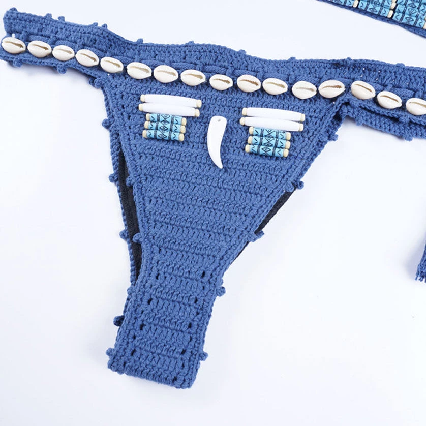 Trendy & Unique What's New Boho Style Shell Embellished Crochet Halter Triangle Bikini Set - Blue 6 Trendy & Unique What's New Boho Style Shell Embellished Crochet Halter Triangle Bikini Set - Blue