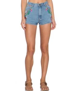 Trendy & Unique What's New Boho Style Floral Embroidered High Waist Denim Shorts - Blue