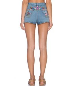 Trendy & Unique What's New Boho Style Floral Embroidered High Waist Denim Shorts - Blue