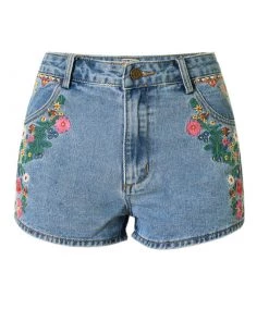Trendy & Unique What's New Boho Style Floral Embroidered High Waist Denim Shorts - Blue