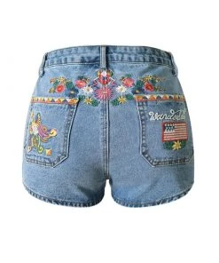 Trendy & Unique What's New Boho Style Floral Embroidered High Waist Denim Shorts - Blue
