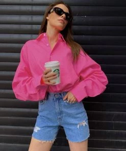 Trendy & Unique Bold Collared Long Sleeve Button Up Oversized Shirt - Hot Pink