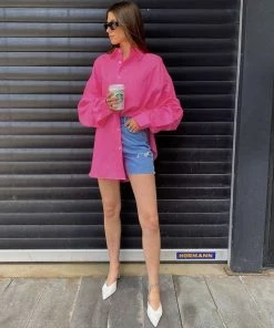 Trendy & Unique Bold Collared Long Sleeve Button Up Oversized Shirt - Hot Pink