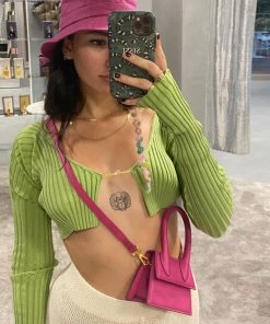 Trendy & Unique What's New Bold Letter Chain Open Front Long Sleeve Ribbed Crop Cardigan - Green