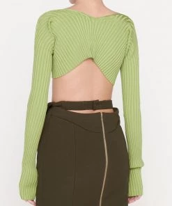 Trendy & Unique What's New Bold Letter Chain Open Front Long Sleeve Ribbed Crop Cardigan - Green