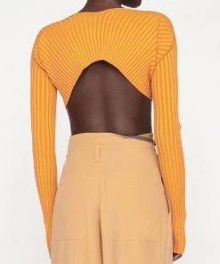 Trendy & Unique Bold Letter Chain Open Front Long Sleeve Ribbed Crop Cardigan - Orange What's New