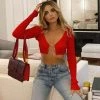 Trendy & Unique What's New Bold Letter Chain Open Front Long Sleeve Ribbed Crop Cardigan - Red