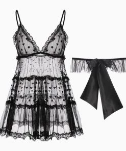 Trendy & Unique Adorable Bowknot Back Spaghetti Strap V Neck Lace Thong Babydoll Set - Black 9 Trendy & Unique Adorable Bowknot Back Spaghetti Strap V Neck Lace Thong Babydoll Set - Black