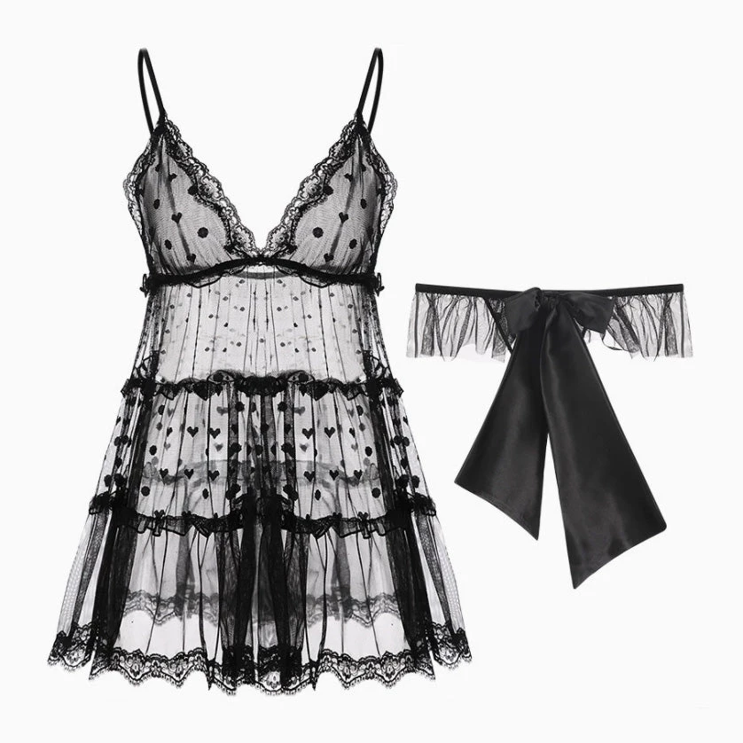 Trendy & Unique Adorable Bowknot Back Spaghetti Strap V Neck Lace Thong Babydoll Set - Black 6 Trendy & Unique Adorable Bowknot Back Spaghetti Strap V Neck Lace Thong Babydoll Set - Black