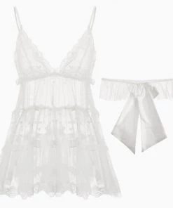 Trendy & Unique Adorable Bowknot Back Spaghetti Strap V Neck Lace Thong Babydoll Set - White Clothing